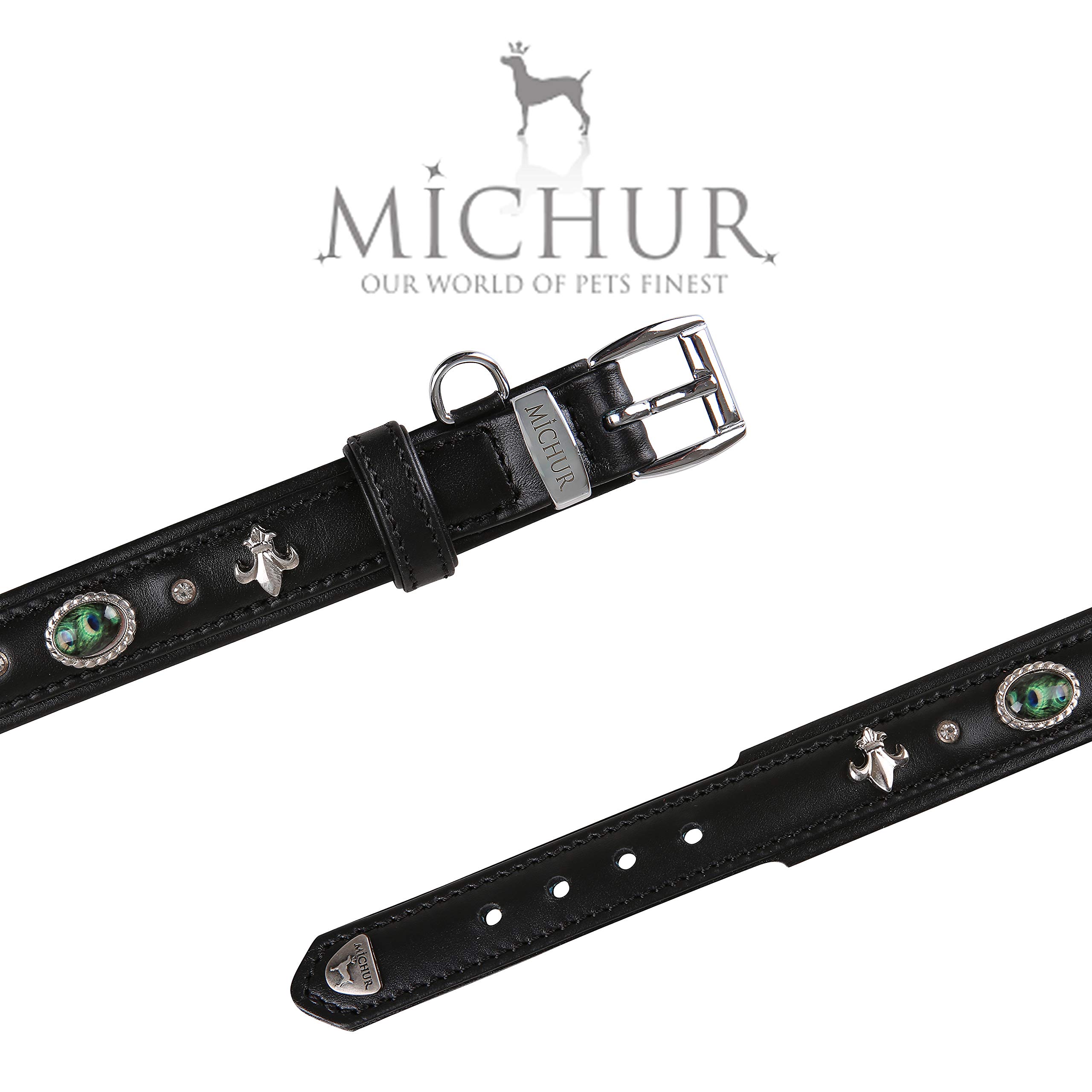MICHUR EL Pavo Hundehalsband Leder, Lederhalsband Hund, Halsband, Schwarz, Leder, mit Lilien, Strasssteinen und grossem Pfauenauge, in verschiedenen Größen erhältlich