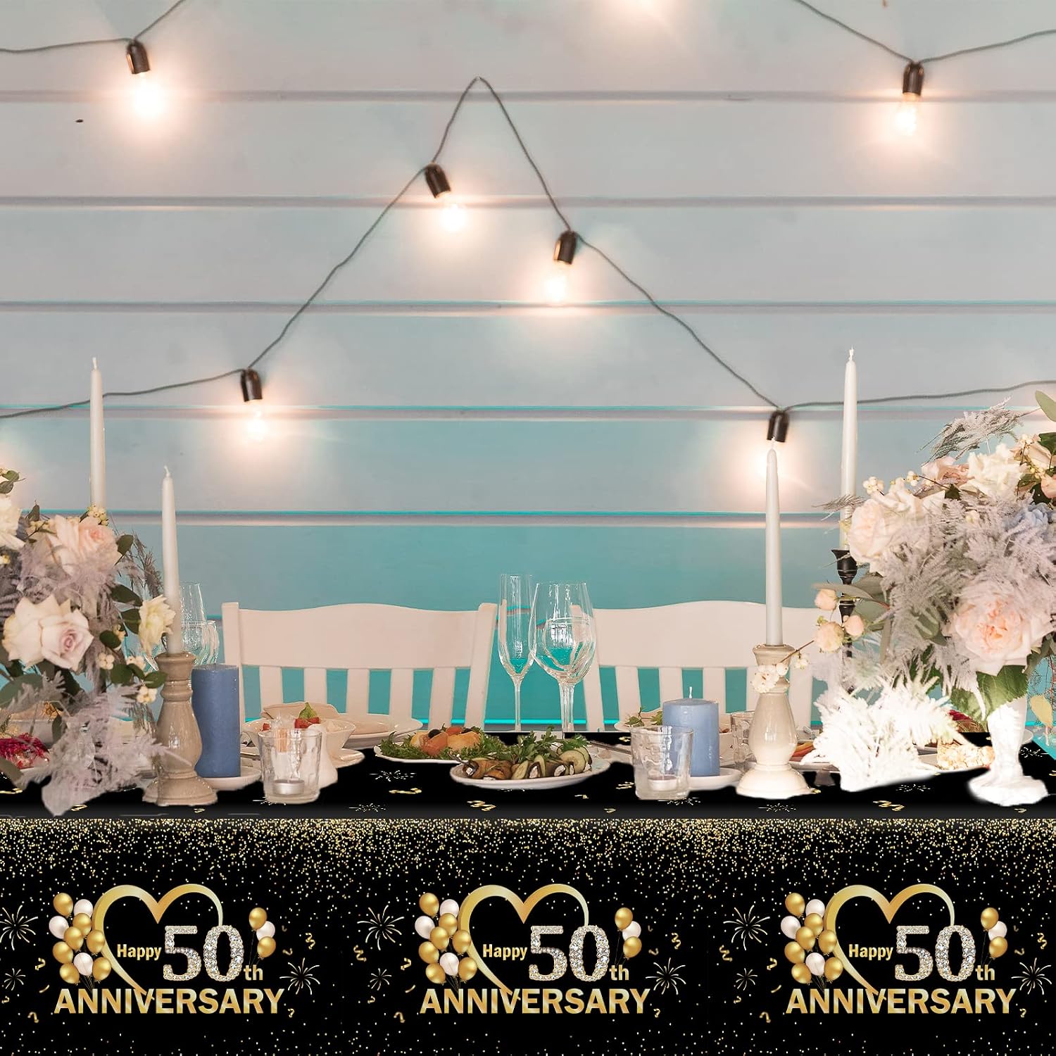 3pcs Happy 50th Anniversary Tablecloths Black Gold Table Covers 50th Wedding Anniversary Party Supplies for Parents Cheer to 50 Years Party Decorations and Plastic Disposable Favors,108*54 inch
