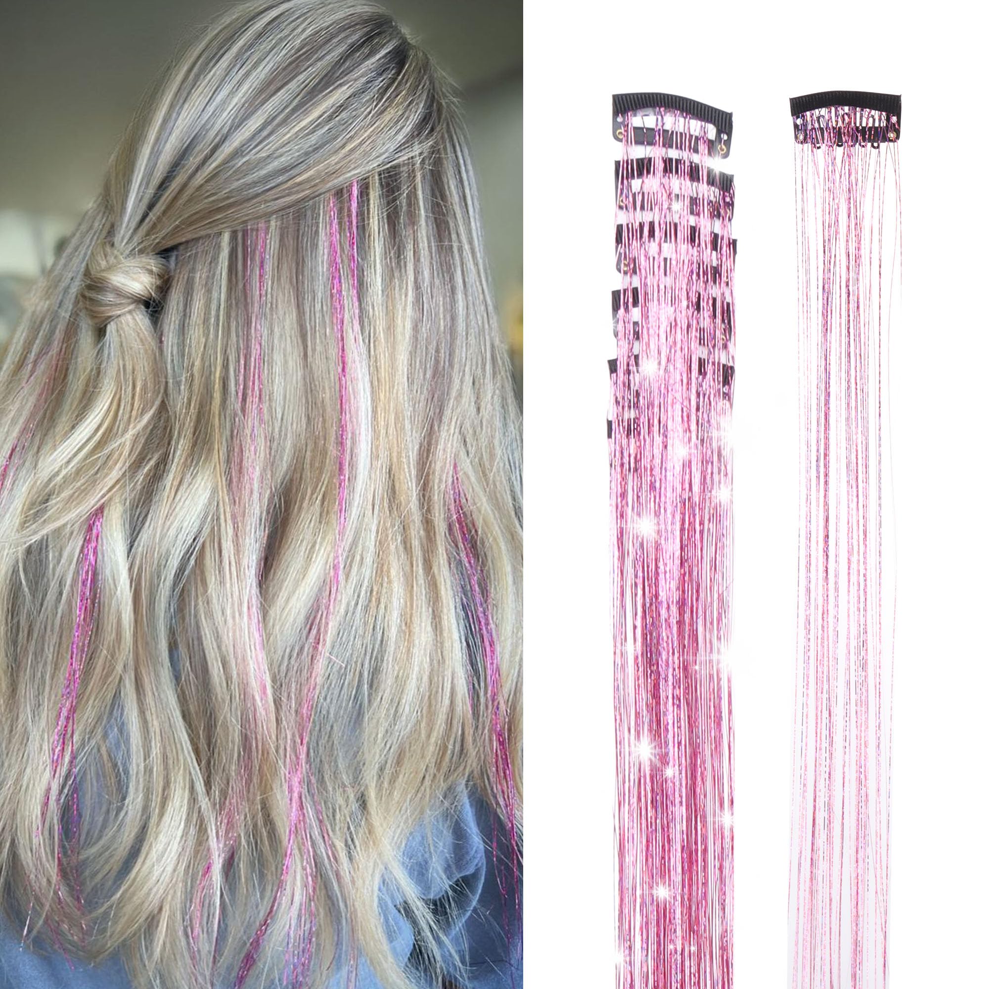 GOO GOO Clip in Hair Tinsel 24 Inch-6pcs Pink Fairy Glitter, Heat Resistant Clip-In Sparkle Strands, Dazzling Glitter Tinsel for Women & Girls,