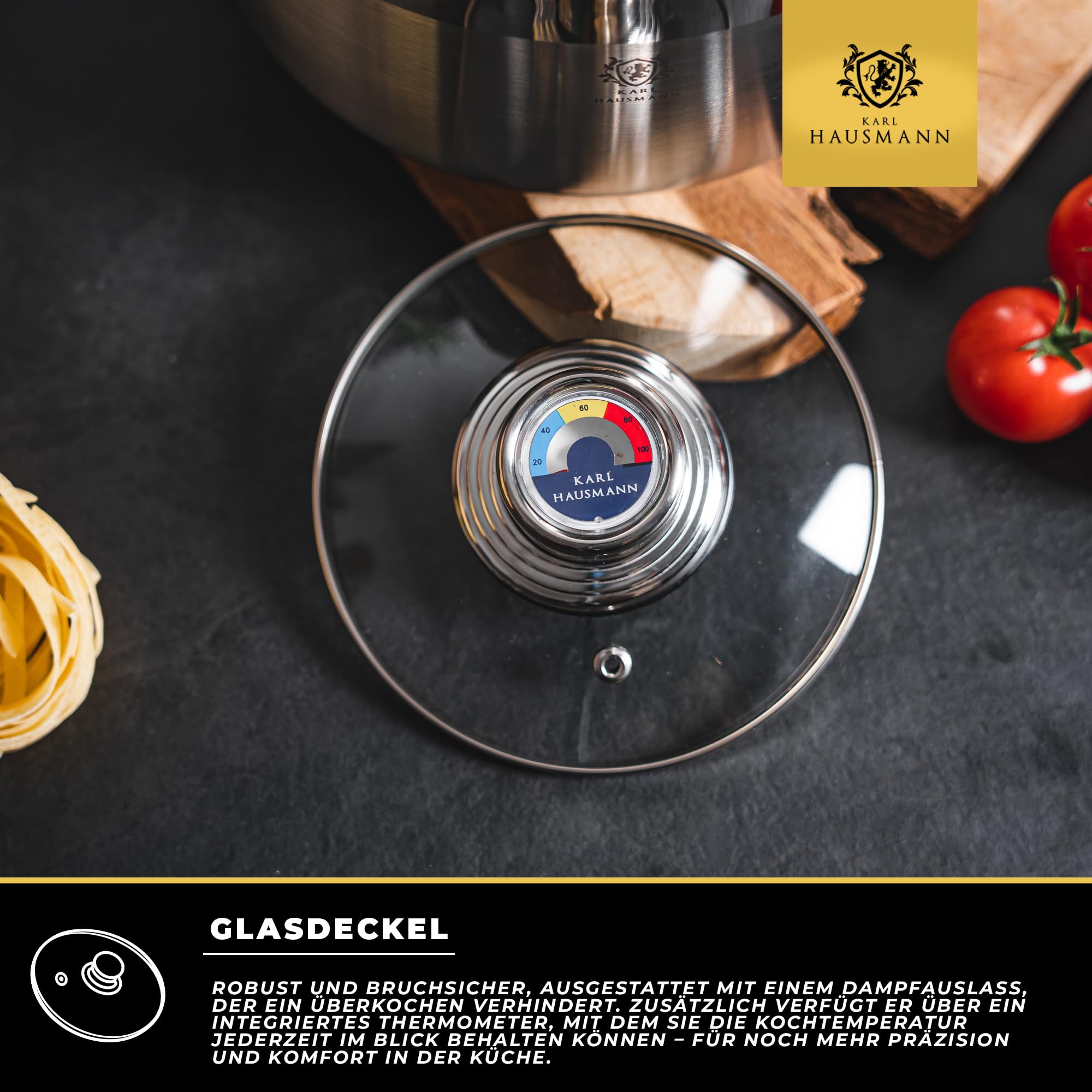 KARL HAUSMANN Topfset Induktion Edelstahl 4-Teilig mit Thermometer Deckel - Kochtöpf für Alle Herdarten, Kochtöpfe Set Küche, Töpfe mit Glasdeckel, für Alltag, Gas, Ceran, Elektro