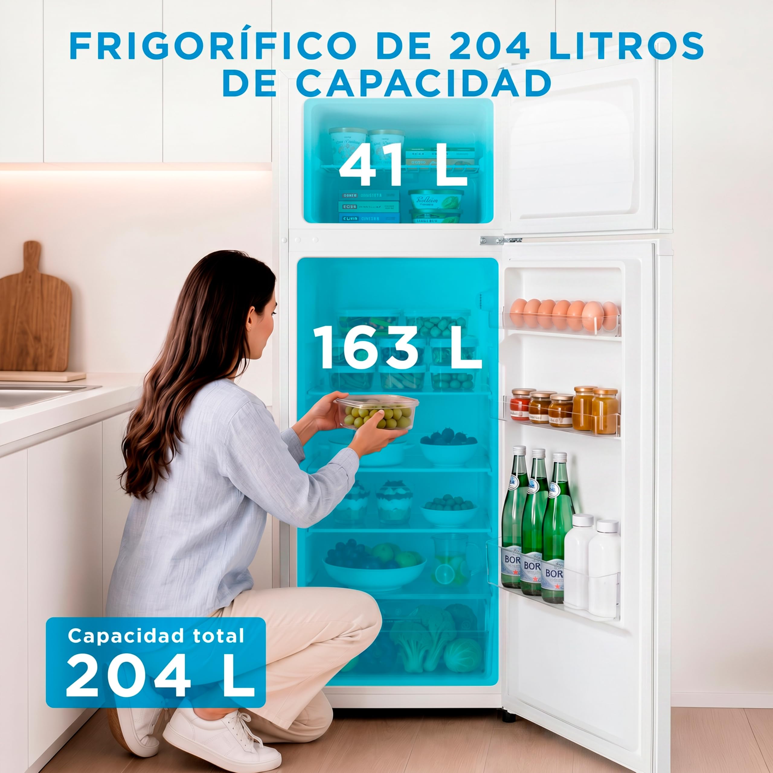 Midea Frigorífico 2 puertas 140 cm alto x 55 cm ancho, Blanco, Capacidad 204 L, Nevera Pequeña con Congelador Low Frost de Bajo Consumo, Puerta Reversible, Luz LED, Silencioso 40dB, Cajón de Frutas