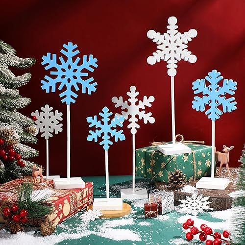 Miniatura 5 de 6 piezas de decoración de mesa de copo de nieve de madera de Navidad, centro de mesa de copo de nieve, tablero de copo de nieve, letrero alto de