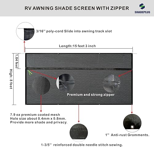 Miniatura 2 de Pantalla de Sombra Solar para Toldo de RV 8'x15'3'' (Compatible con Toldo de 16'), Pantalla de Malla Negra con Cremallera, Pantalla Universal