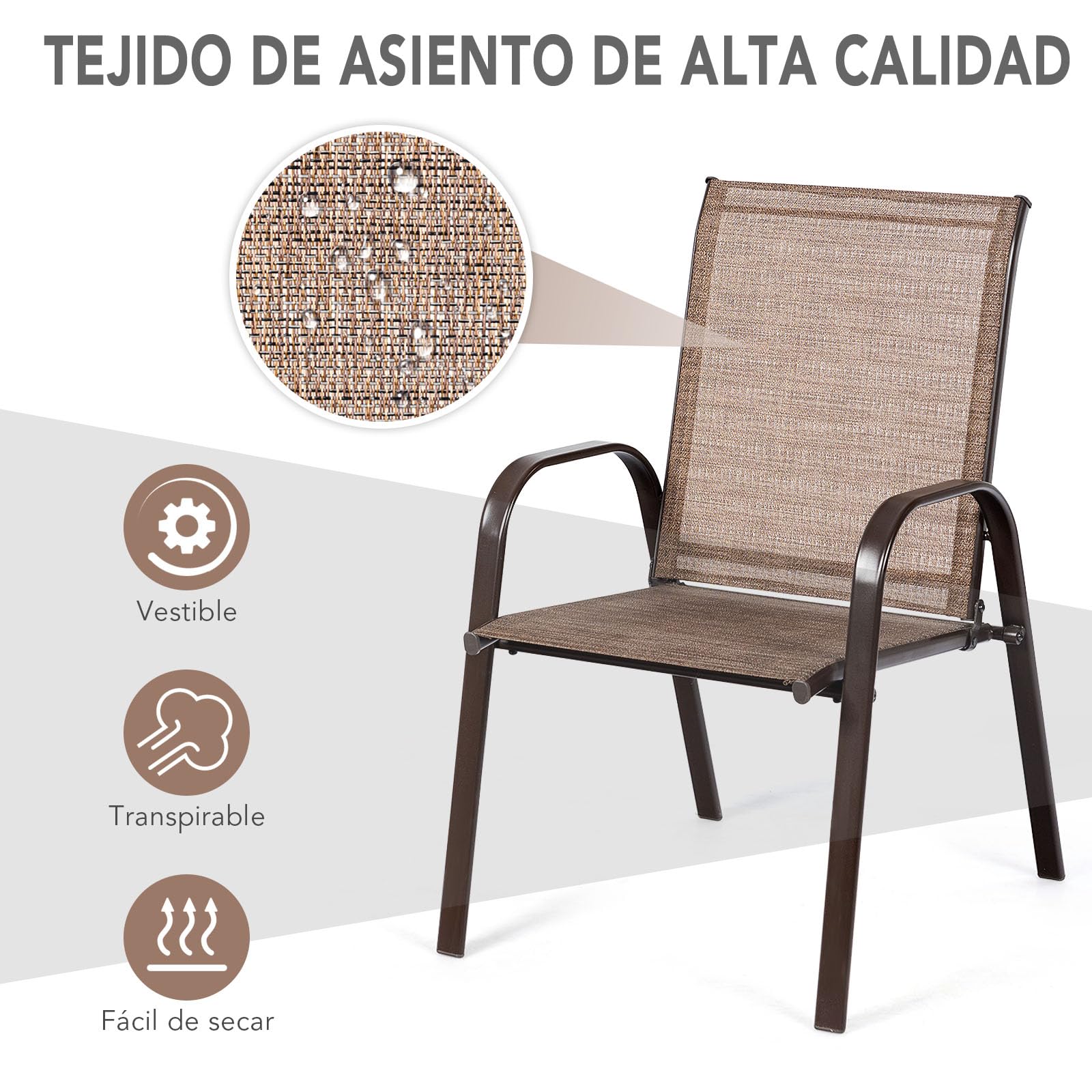 GIANTEX Juego de 2 Sillas Apilables de Jardín, Sillas de Patio con Reposabrazos y Respaldo Alto, 56 x 72 x 90 cm, Sillas de Comedor para Piscina, Terraza, Jardín (Marrón)