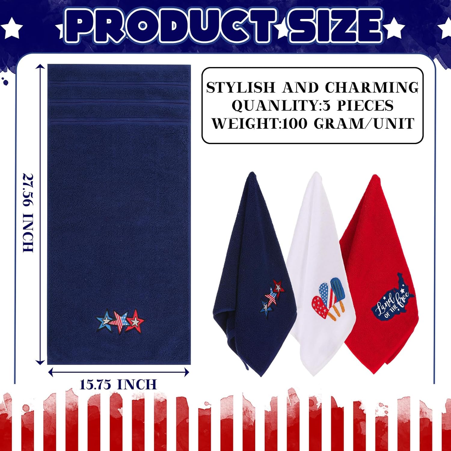 Mindsoft 3 Pcs Memorial Day Hand Towels USA Patriotic Bathroom Towel Red White Blue 250th Anniversary 16 x 28'' 4th of July Kitchen Towels Independence Day American Flag Stars Cotton Embroidered Decor
