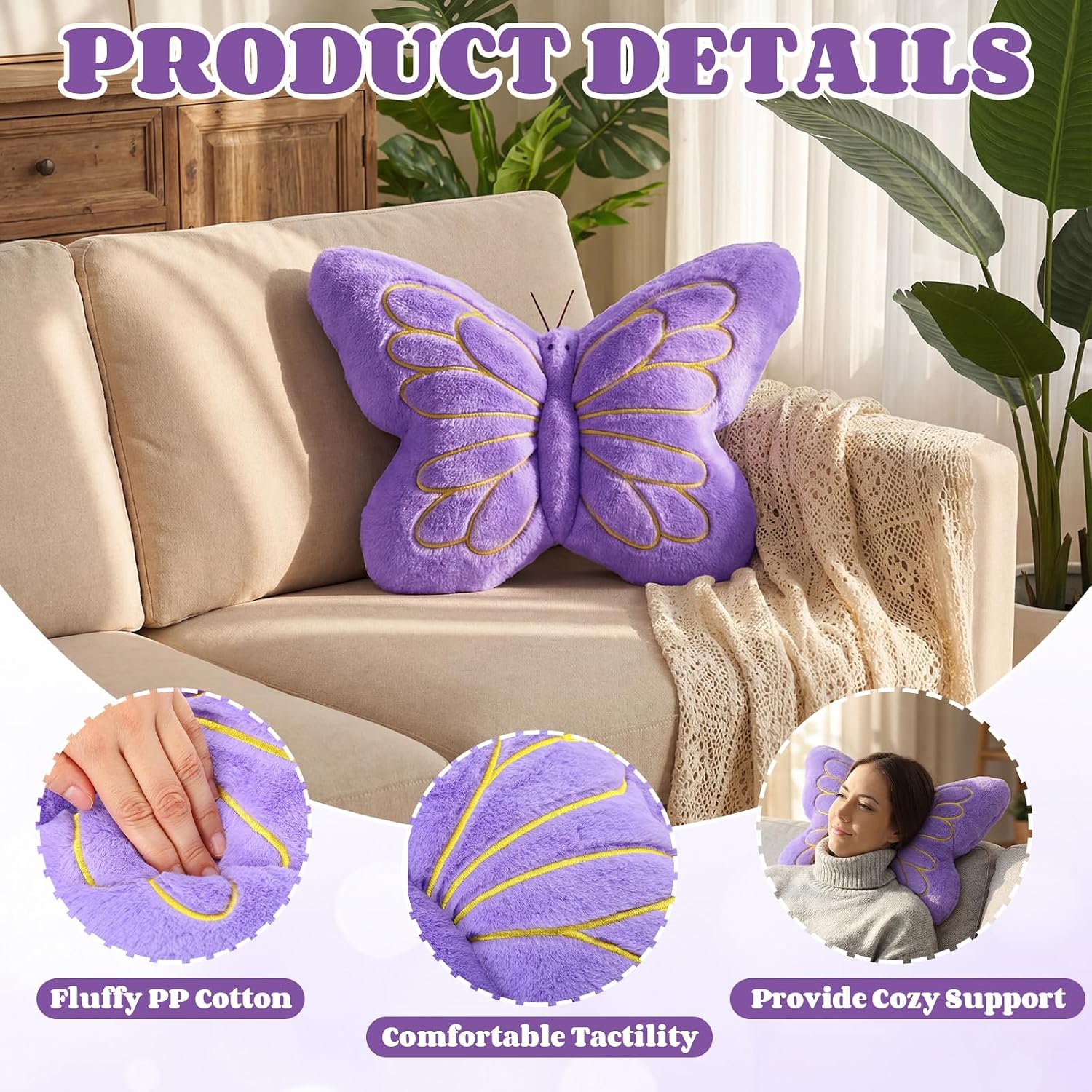 Novabright 2 Pcs Butterfly Pillow Decorative Butterfly Shaped Throw Pillows 17.72 x 13.78'' Cute Soft Plush Cushion Decor for Bed Sofa Couch Living Room Home Bedroom Decor(Purple)