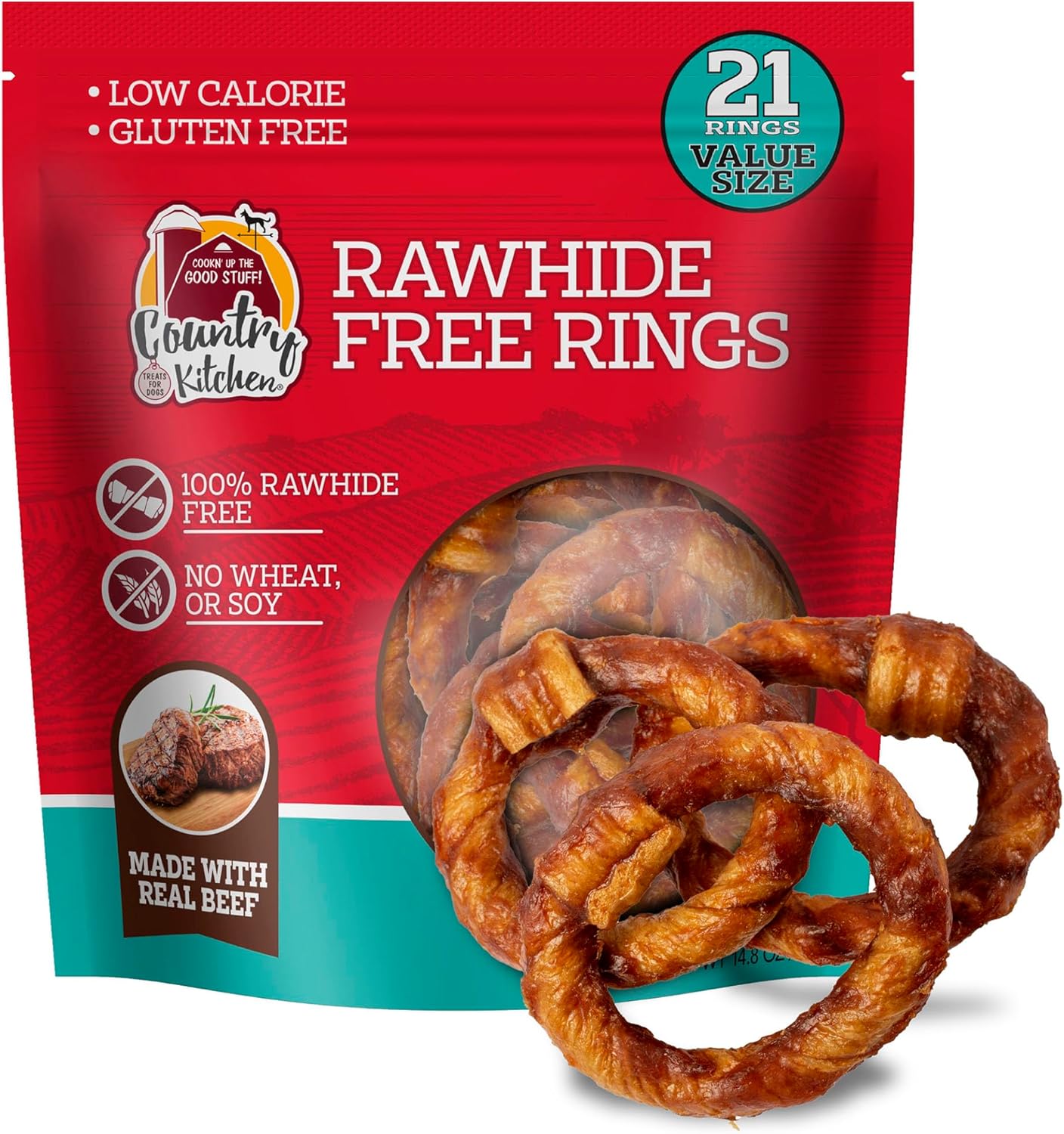 Country Kitchen Rawhide-Free Beef Ring Dog Chews - Real Beef, Gluten-Free, Highly Digestible, Long-Lasting, 21 Count