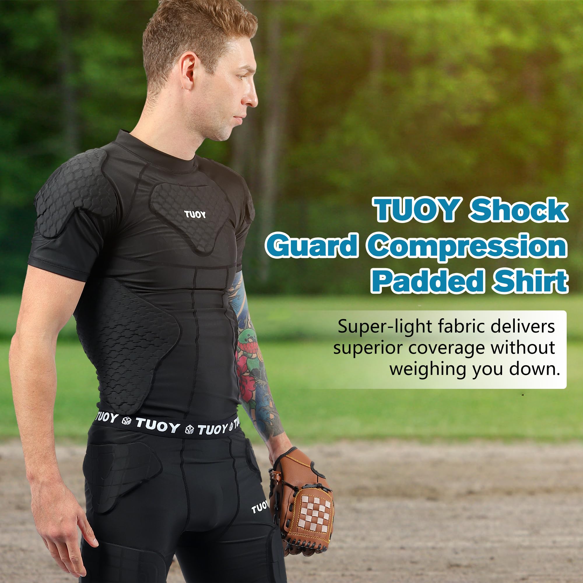 Camiseta de compresión acolchada para hombre, hombreras y protector de costillas, protector de pecho para adultos/jóvenes, béisbol, sóftbol, rugby, baloncesto, equipo de protección negro