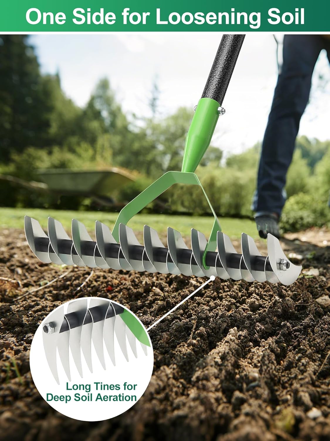 Thatch Rake, 67" Garden Dethatcher Rakes for Lawns Heavy Duty, 2-in-1 Metal Rake with Double-Sided Head, Manual Thatching Garden Tool for Dead Grass Moss Remove, Loosen Soil, Laying Sod, Yard Thatcher
