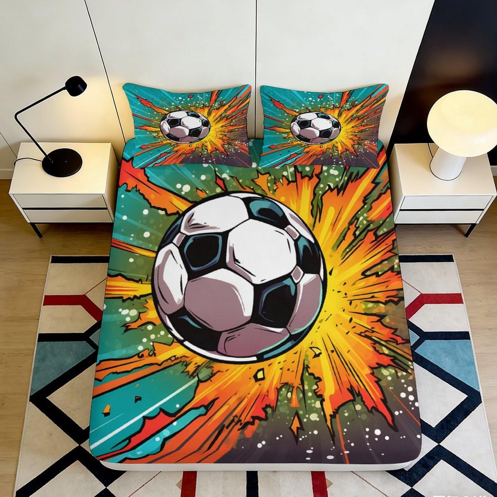 Pnayamiorkfel Style-10 3D Printed Football Explosion Fitted Sheet Microfiber Soft Vibrant Soccer Bed Cover For Bedroom Dorm Mattress Decor 90X200x25cm