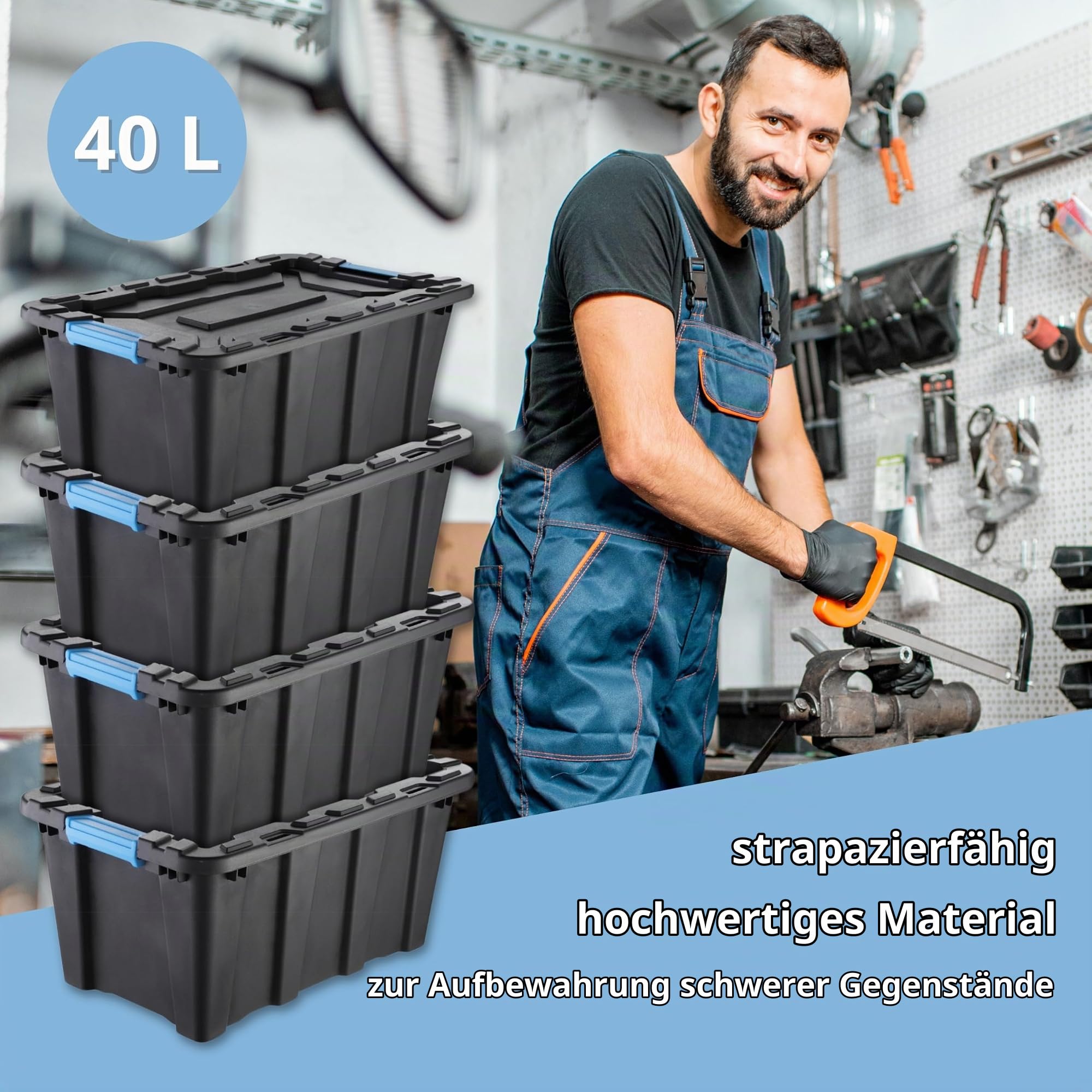IDEA HOME TechBox HD 40L Aufbewahrungsbox mit Deckel – Schwerlast-Stapelbox, Werkzeugkiste, Organizer-Box aus robustem Kunststoff in Schwarz, Set mit 5 Stück