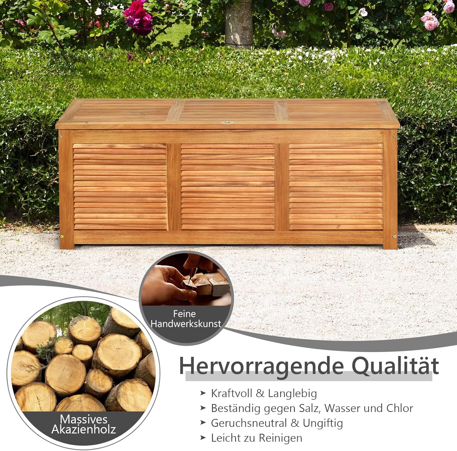 RELAX4LIFE Gartenbox, 178L Auflagenbox mit Sitzbank & Deckel, Aufbewahrungsbox mit Stauraum, Kissenbox outdoor aus Akazienholz, Gartentruhe Auflagentruhe Holztruhe für Garten, Balkon, Terrasse, Natur