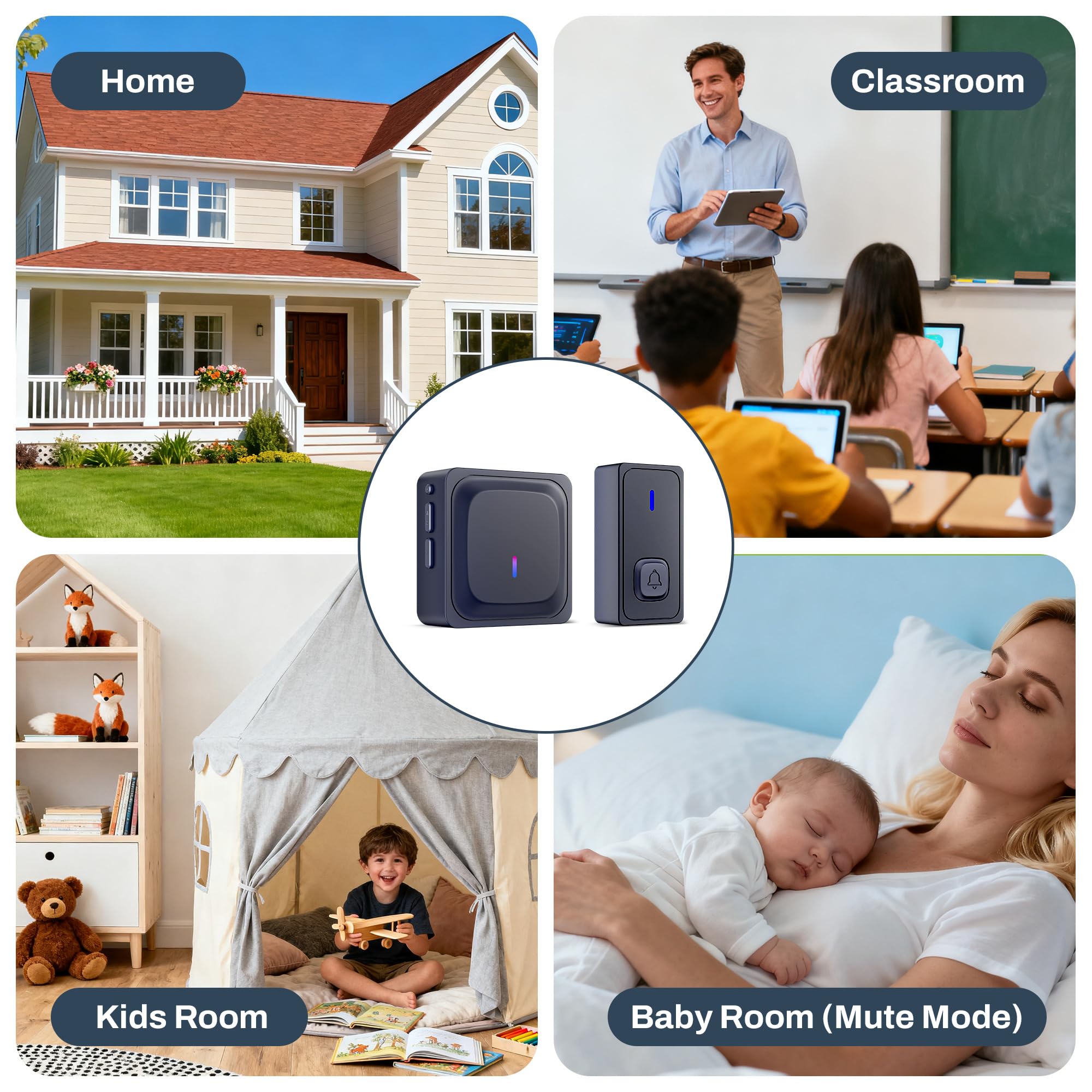 BN-LINK Timbre inalámbrico para el hogar con 2 receptores, mini timbre para garaje, botón de timbre montado en la pared para apartamento, dormitorio, aula, habitación de los niños (negro)
