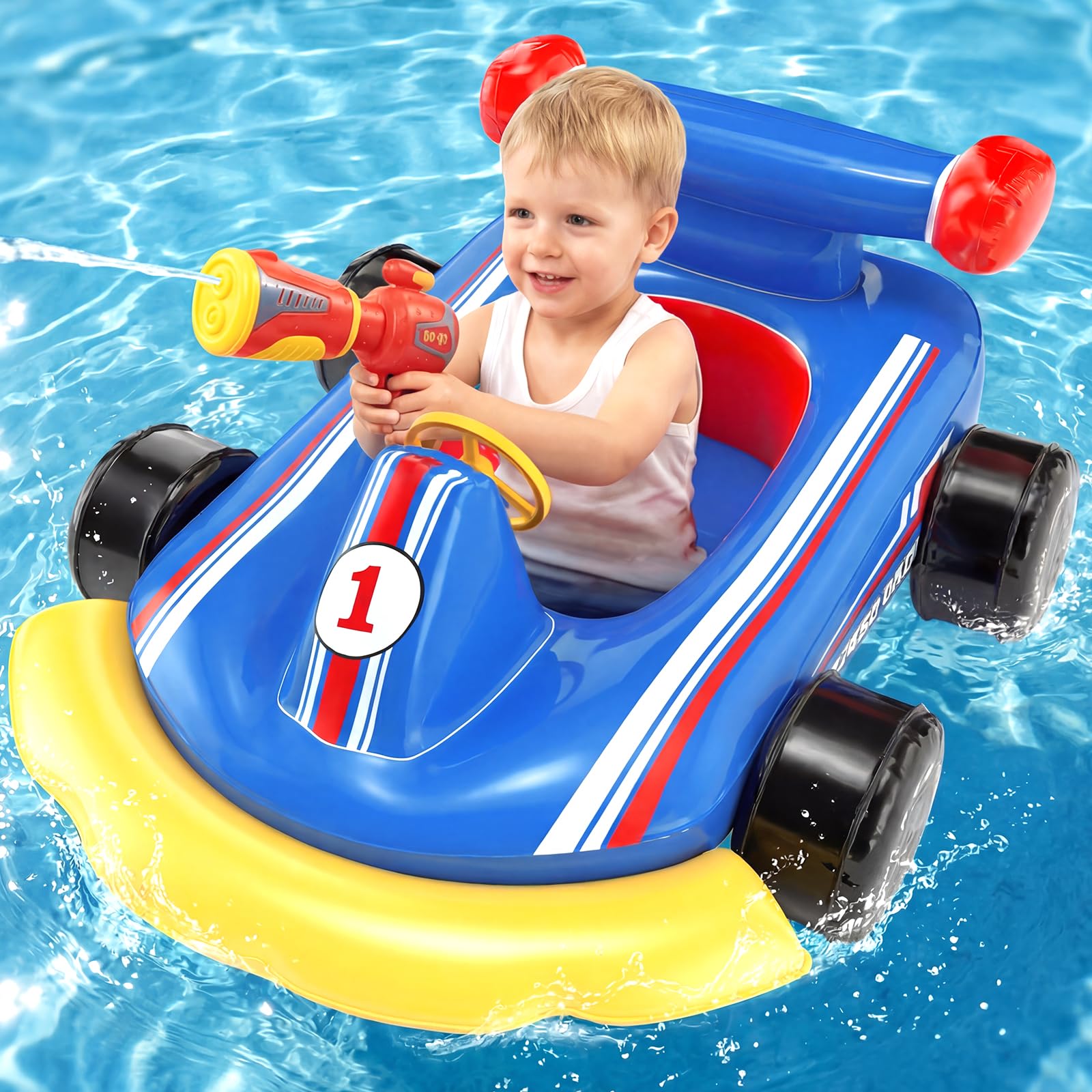 Lehoo Castle Gommone Gonfiabile con Pistola ad Acqua e Volante Sonoro, Ausilio di Galleggiamento Go-kart per Bambini dai 3 ai 6 Anni, Seggiolino da Piscina Sicuro per Giochi Acquatici Estivi