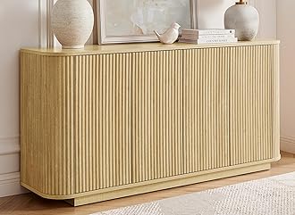 64" Buffet Cabinet with Storage, Modern Fluted Accent Sideboard Media Console Credenza with Adjustable Shelves Pressed Spring for Kitchen Living Room,31.5" H (Natural Oak)