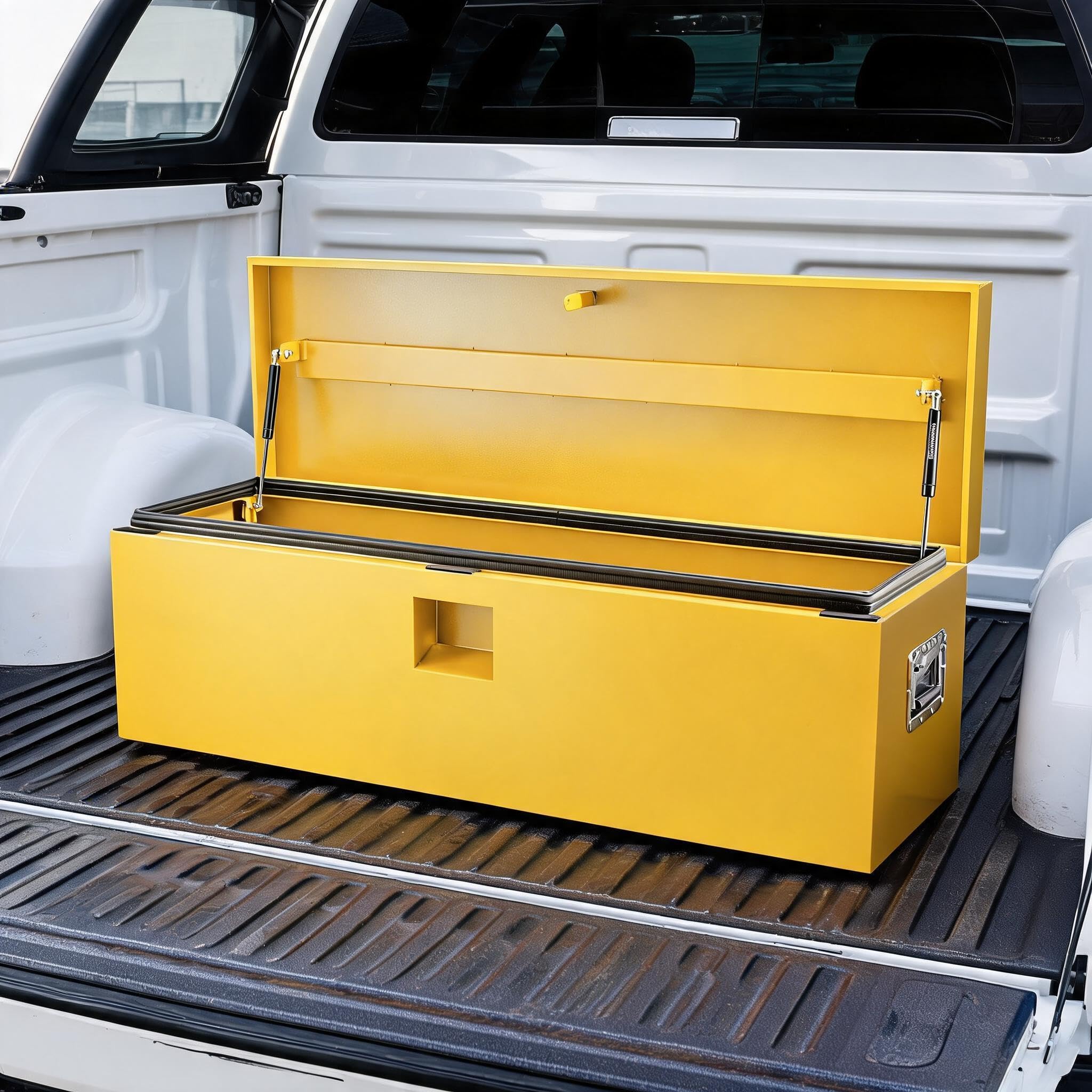 GarveeLife Truck Bed Toolbox, 100° Opening Truck Tool Box, Weatherproof Storage with Recessed Groove Lid, Rust-Proof Metal Tool Box for Pick-Up, Trailer, Yellow, 38×38×76 cm