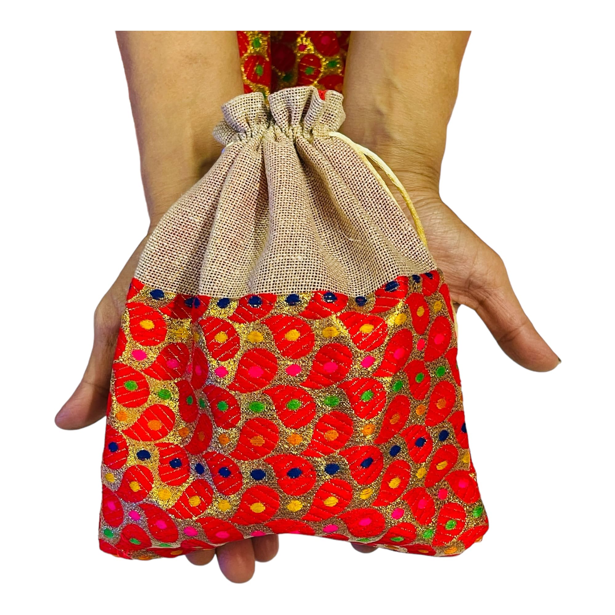 KRIWIN Pack of 20 pcs Big Size Brocade & Jute Potli Gift Bags (23 X 18 cm) Red & Beigeb 500 gr capacity 2