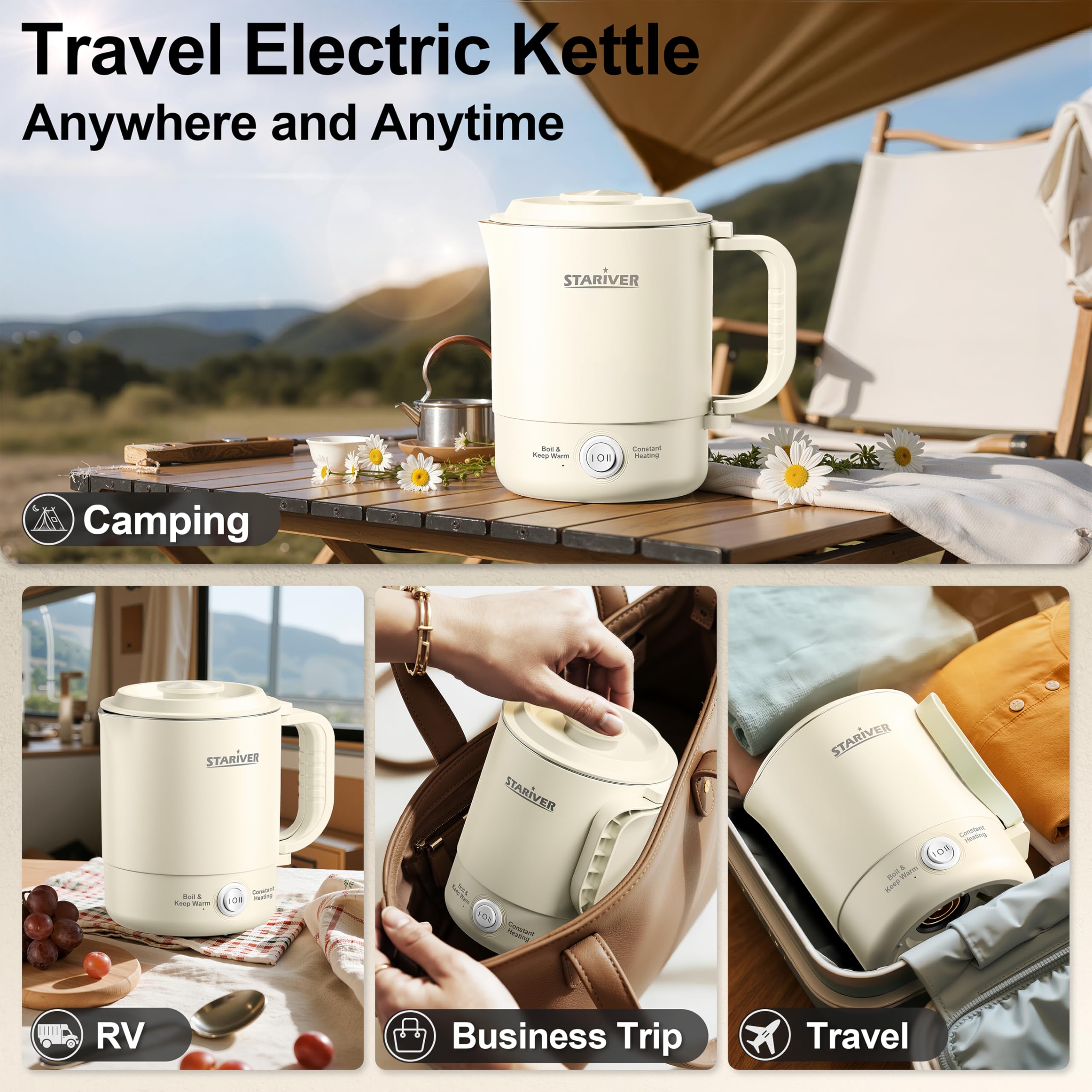 Hervidor de viaje portátil, hervidor eléctrico pequeño de 20.3 fl oz con mango plegable, caldera de agua plegable de acero inoxidable de grado alimenticio con dos modos, compacta para RV 5