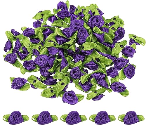PATIKIL Mini rosas de cinta, 200 unidades, pequeñas flores de tela de satén con adornos de hojas verdes, rosetas para manualidades, costura, boda,