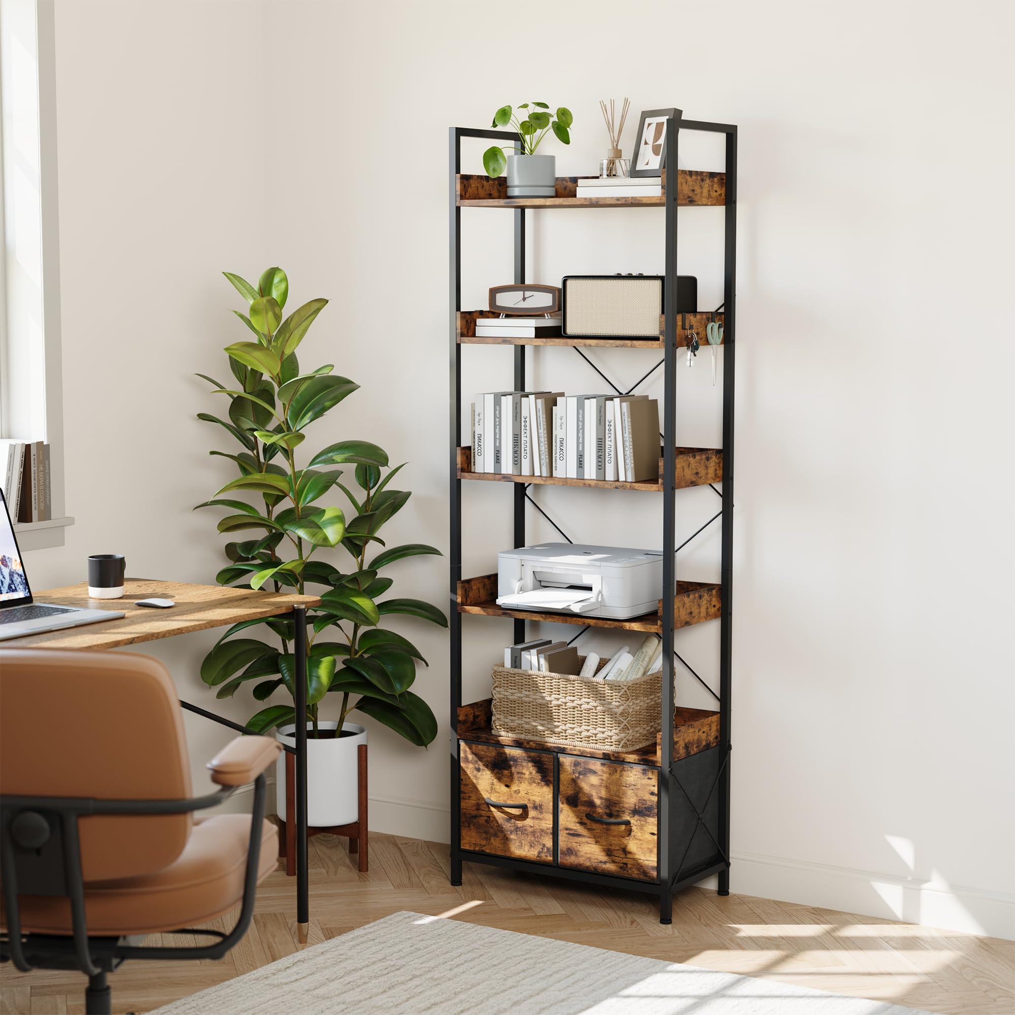 Bücherregal 6 Ebenen mit Stoffschublade, Standregal 180cm hoch, offenes Regal mit Metallrahmen, stabil und geräumig, für Wohnzimmer Büro, Vintage Braun