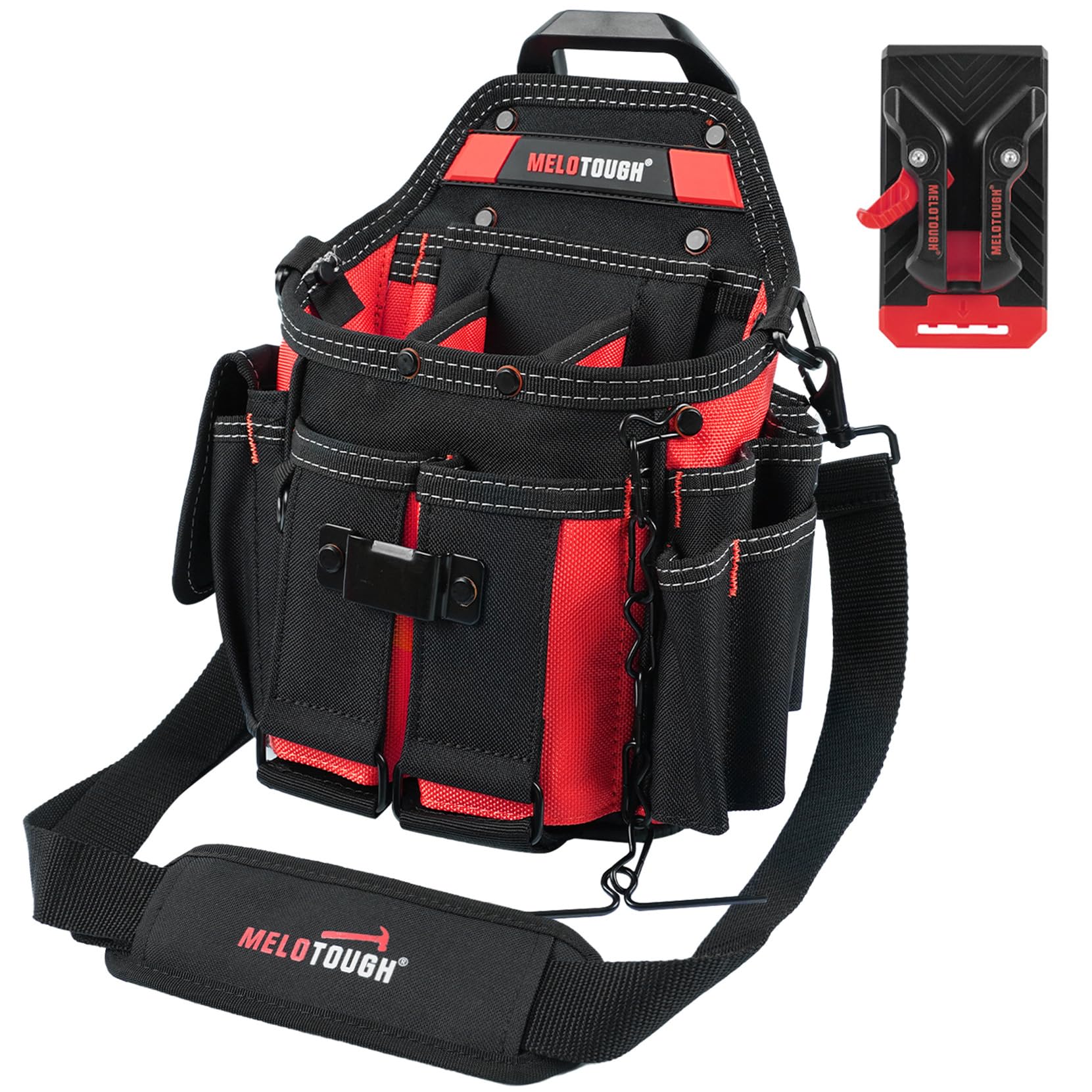MELOTOUGH Professional Electrician Tool Pouch Bag with Shoulder Strap Tool Pouch with Belt Clip Quickly Attach and Release Tool Bag