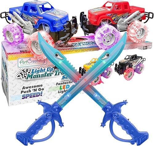 ArtCreativity Juego de espada y camión monstruo de tiburón iluminado, perfecto para cumpleaños de niños y diversión de juego