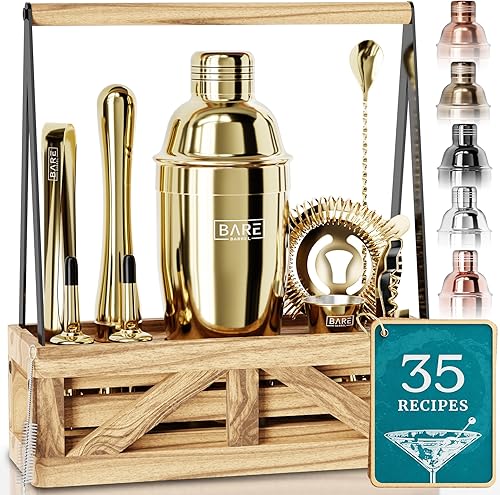 BARE BARREL Mixology Bartender Kit Bar Set Juego de coctelera de Martini Herramientas de mezcla de barware para el hogar Carrito portátil rústico