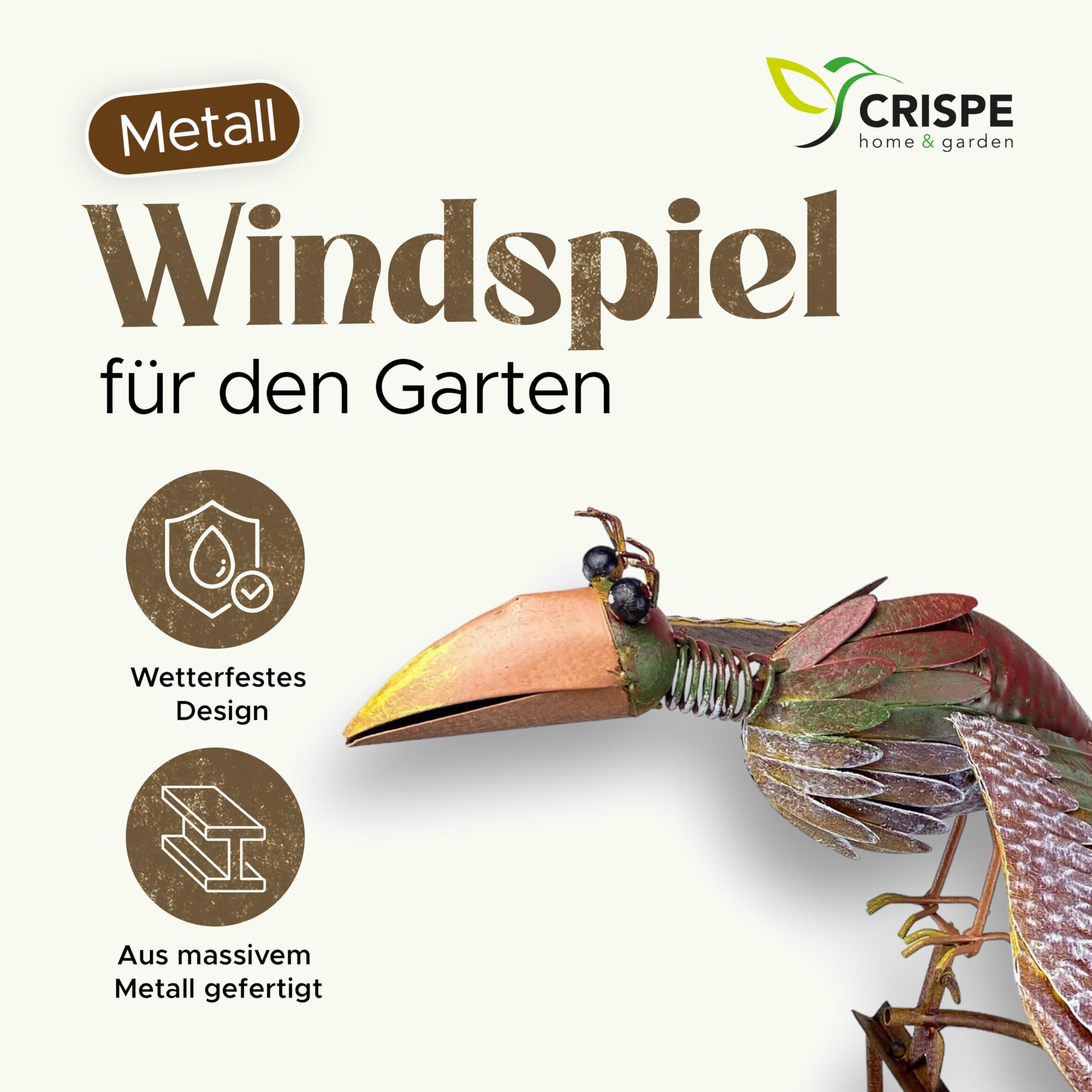 Crispe Home & Garden | Windspiel großer Vogel 138 cm | Deko Gartenstecker | Gartendekoration Metall | Gartendeko Vogel | Hochwertig und langlebig