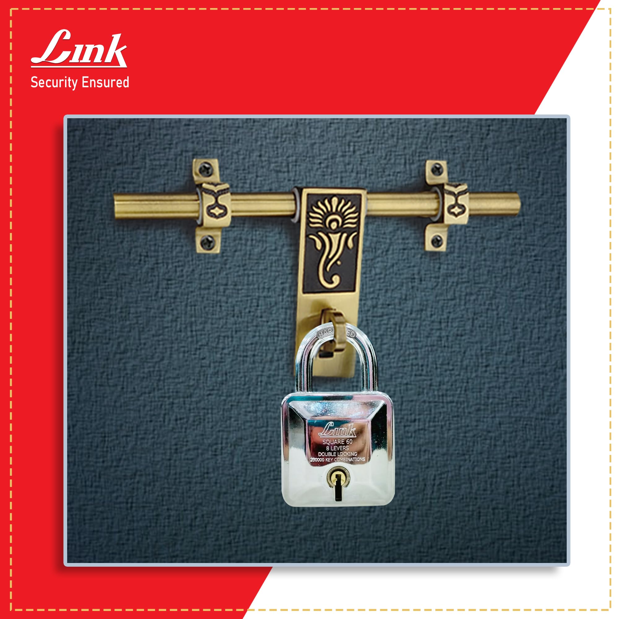 Link Square 65mm Diamond Cut Patented Design Padlock | 9 levers | Double Locking | 1 Cr Key Combinations | Hardened Shackle | Solid Steel Body with 3 Keys — Amazon image 5