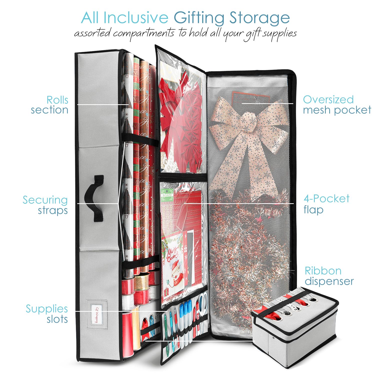 Hearth & Harbor Geschenkpapier-Aufbewahrungsbehälter, Weihnachts-Aufbewahrungstasche mit Bandspender und Innentaschen, für Geschenkpapier-Organizer, passend für bis zu 26 Rollen à 101,6 cm Länge