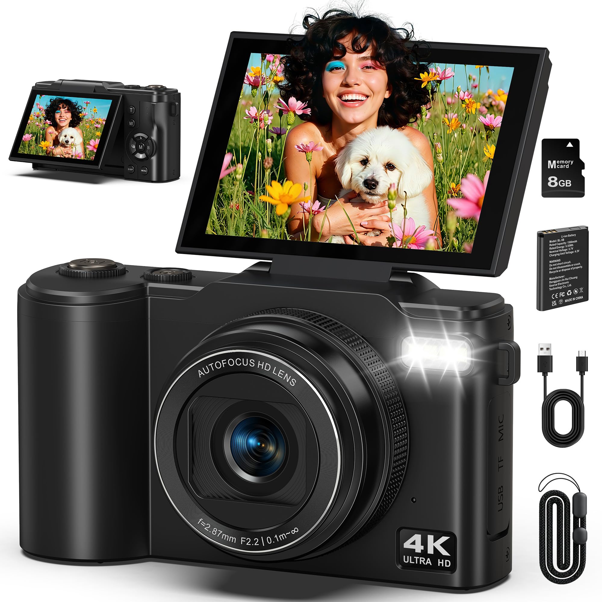 Fotocamera digitale 4K, 64 MP, fotocamera fotografica con schermo a flip da 3,0", 180°, autofocus con zoom digitale 18x, fotocamera compatta portatile con batteria da 1500 mAh, per adolescenti, adulti
