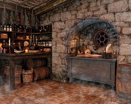 Telón de fondo mágico de fotografía de Halloween, con temática de cocina de bruja, fondo retro espeluznante para fiesta, decoración vintage de