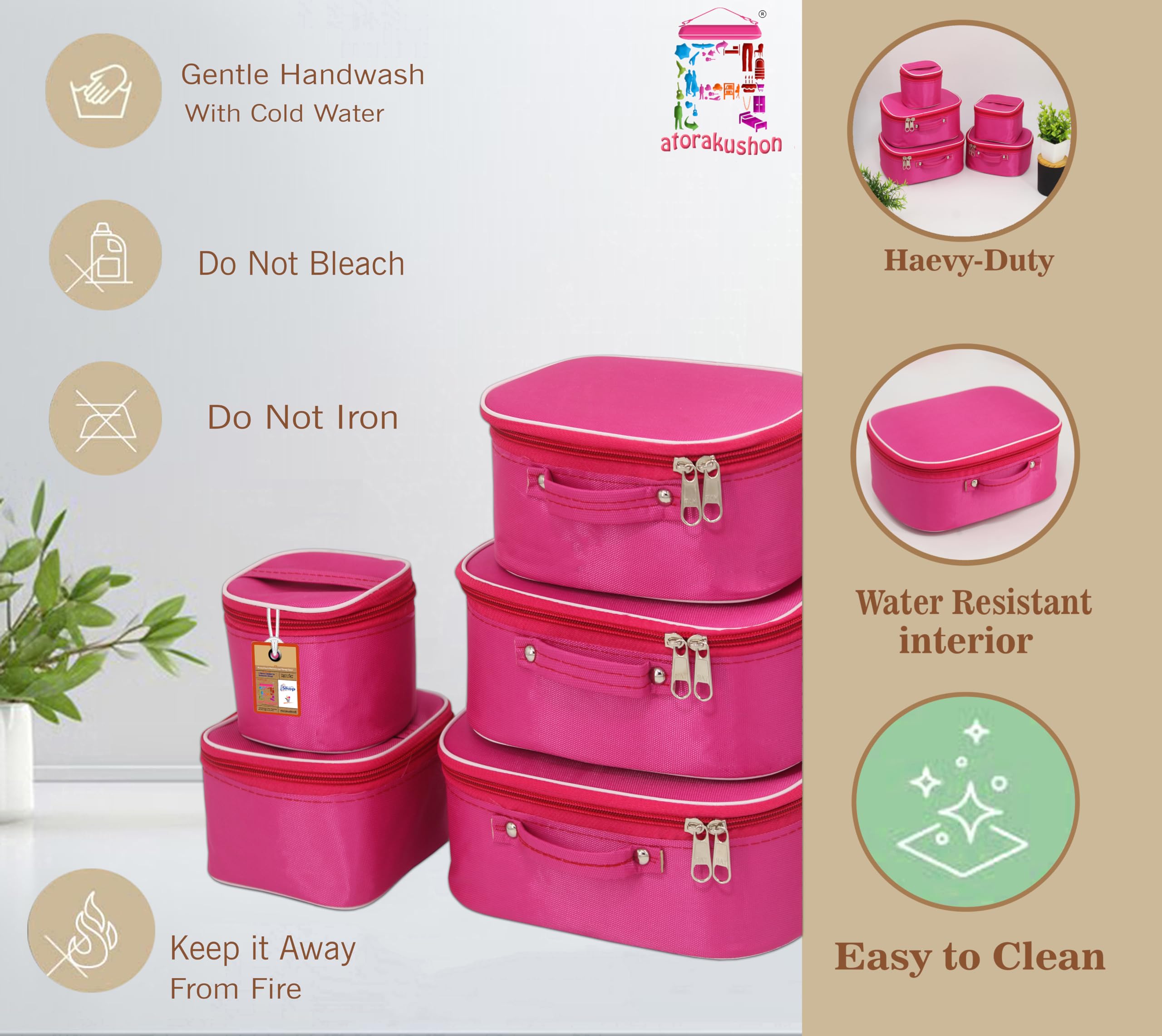 atorakushon Nylon 18 Cms Pink Makeup Storage Box Cosmetic Vanity Travel Toiletry Bag Necklace Organizer Jewellery Pouch for Women 4