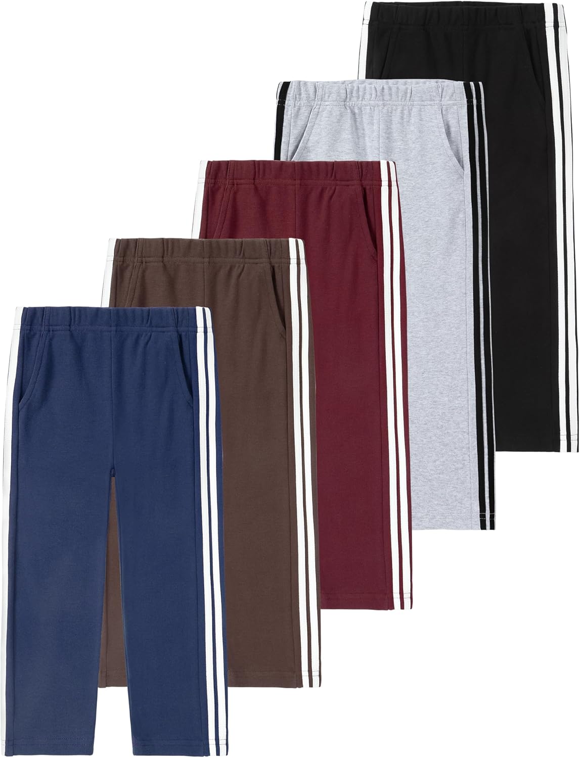 GFQLONG 5 Pack Toddler Boys Straight-Leg Cotton Pants, Lightweight Trousers with Side Stripes & Pockets for Summer Fall