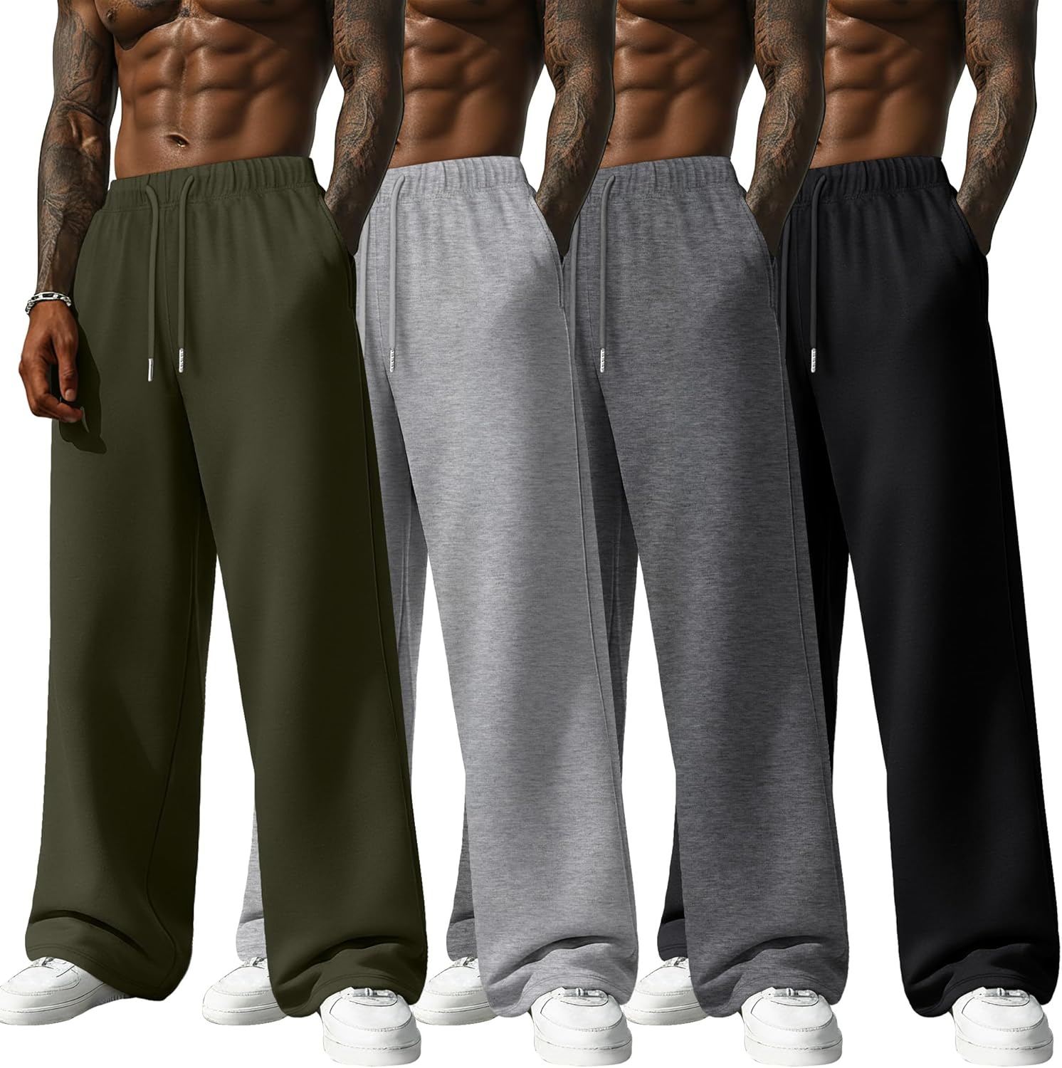 Neer 4 Pack Men's Lightweight Sweatpants Athletic Wide Leg Drawstring Open Bottom Pants Baggy Joggers Lounge with Pockets