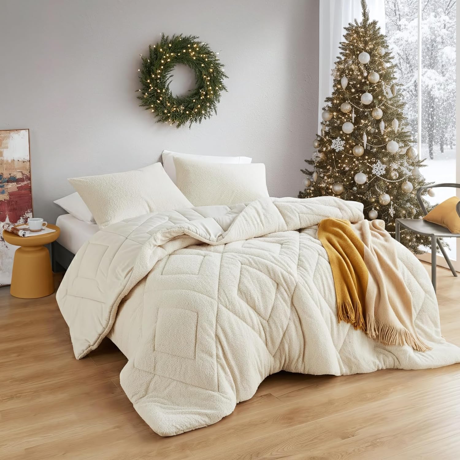 Comfort Spaces Queen Comforter Set Reversible Feather-Soft Plush Comforters for Queen Size Bed All Season Lightweight Shearling Fleece Sherpa Comforter Queen Size Bed Set, Full/Queen, Ivory 3 Piece Full/Queen Ivory