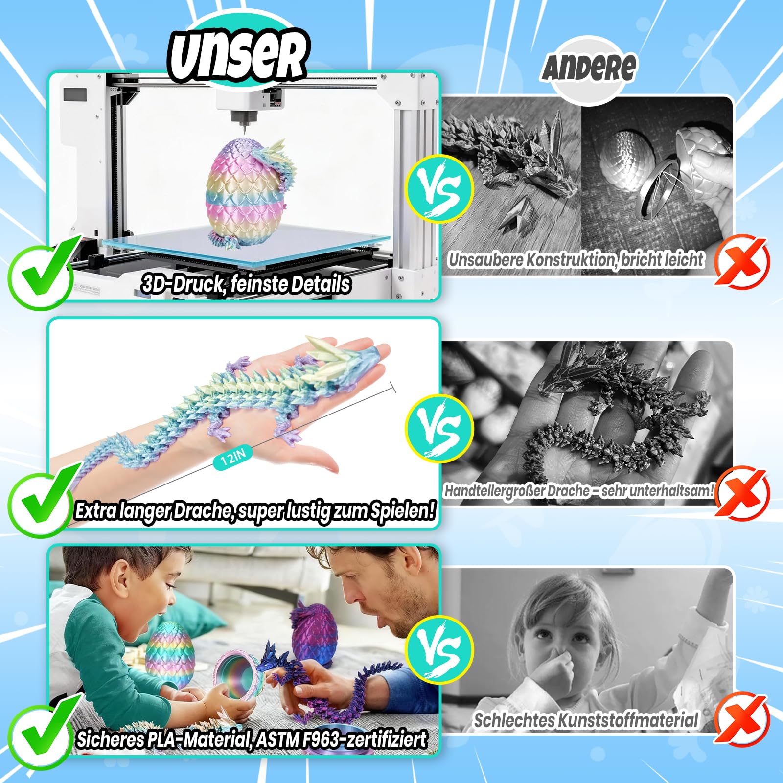 YILCER 3D Gedruckter Drache 28,5cm, Drachenei mit Upgrade bruchsicher, Verstärkte Dragon-Gelenke, Sicheres und Umweltfreundliches Material, Ostern Geschenke Kinder（Regenbogenfarben） - 4