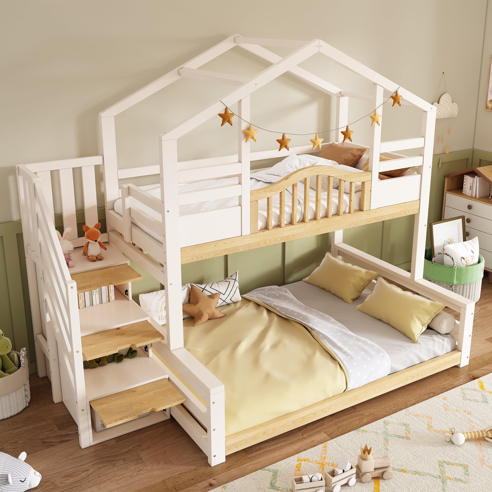 Hochbett Etagenbett 90x200cm&140x200cm mit Treppenschrank, Kinder Hausbett mit Dach und Geländer, unteres Bett mit drei offene Regale, Kinderbett für 2 Kinder, Massivholz (Weiß&Natur, 90/140 x 200 cm)