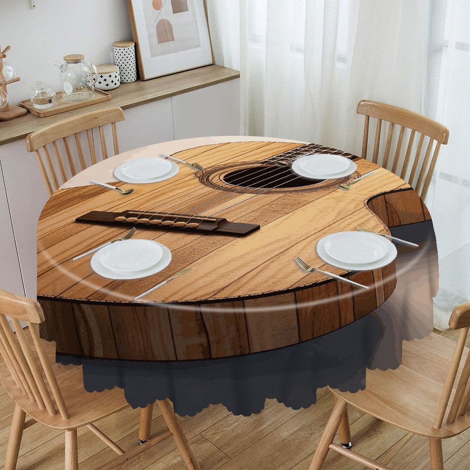 Btcowzrv Style Guitar Wooden Polyester Round Tablecloth 59.84 Inch, Decorative Washable Table Cover, Table Cloth For Restaurant Picnic Indoor And Outdoor Dining