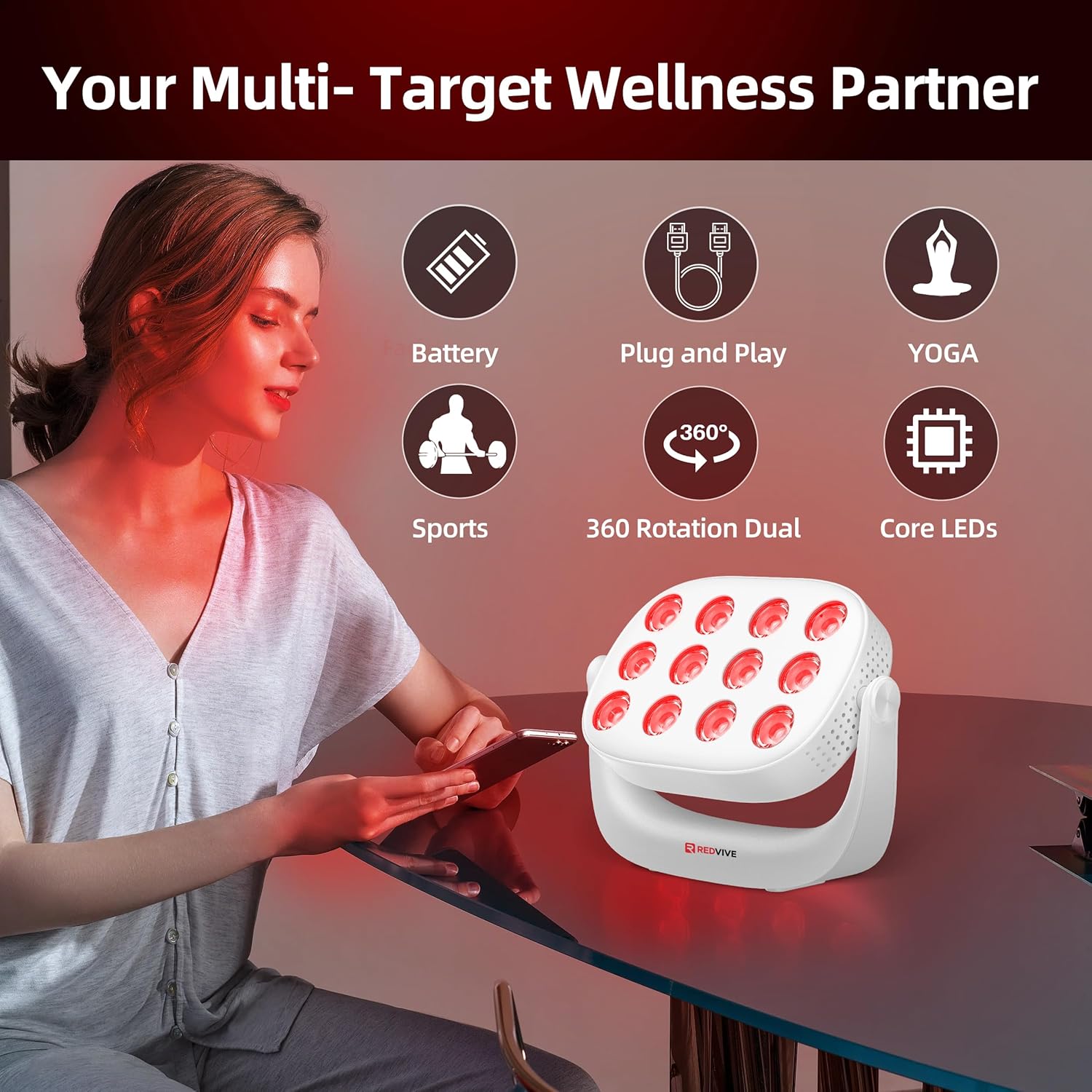 Red Light Therapy, Near Infrared 660nm 850nm Portable Red Light Therapy for Face and Body 4000mAh Battery Include Rotate 360 Degrees 12LEDS Dual Chip Device at Home Sport Yoga - Image 4