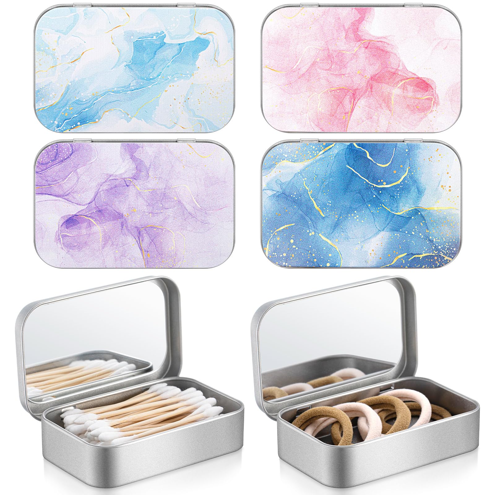 Kigley 4 Pcs Travel Cotton Swab Holder Hair Tie Container with Mirror Small Portable Marble Dental Floss Dispenser Hair Clip Storage Jewelry Organizer Box Beads Storage Containers for Small Items