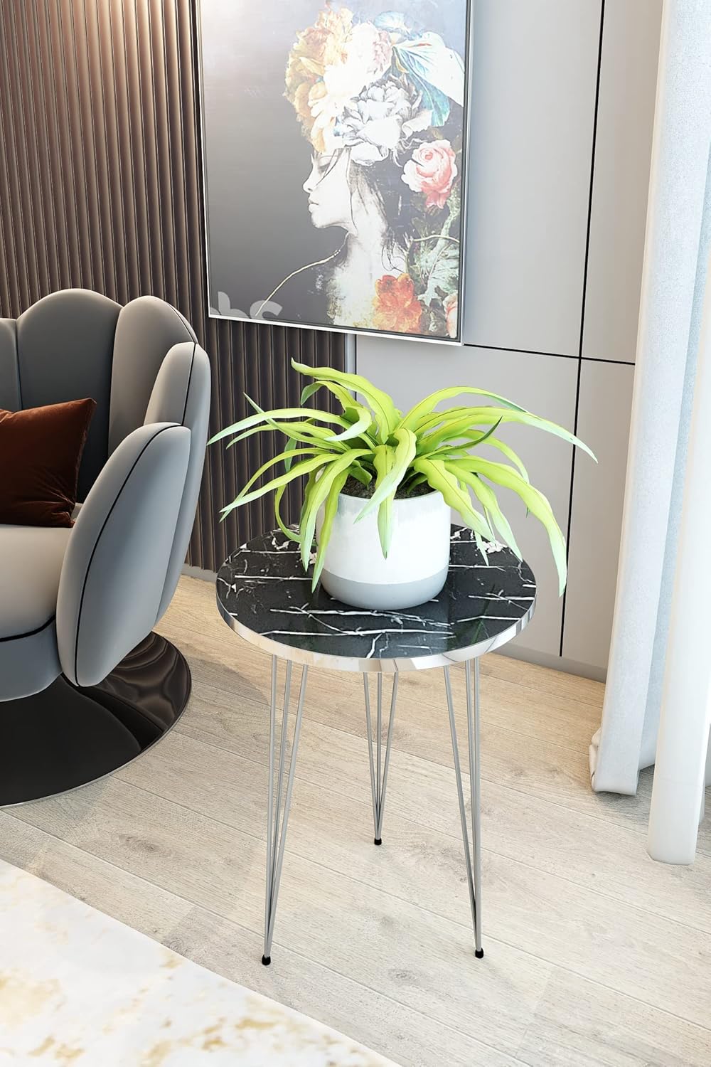 PAK HOME Set of 2 End Tables Round Wood Sofa Side Coffee Tables for Small Spaces, Nightstand Bedside Table with Metal Legs for Bedroom, Living Room, Office (Black Marble High Gloss/Silver Legs)