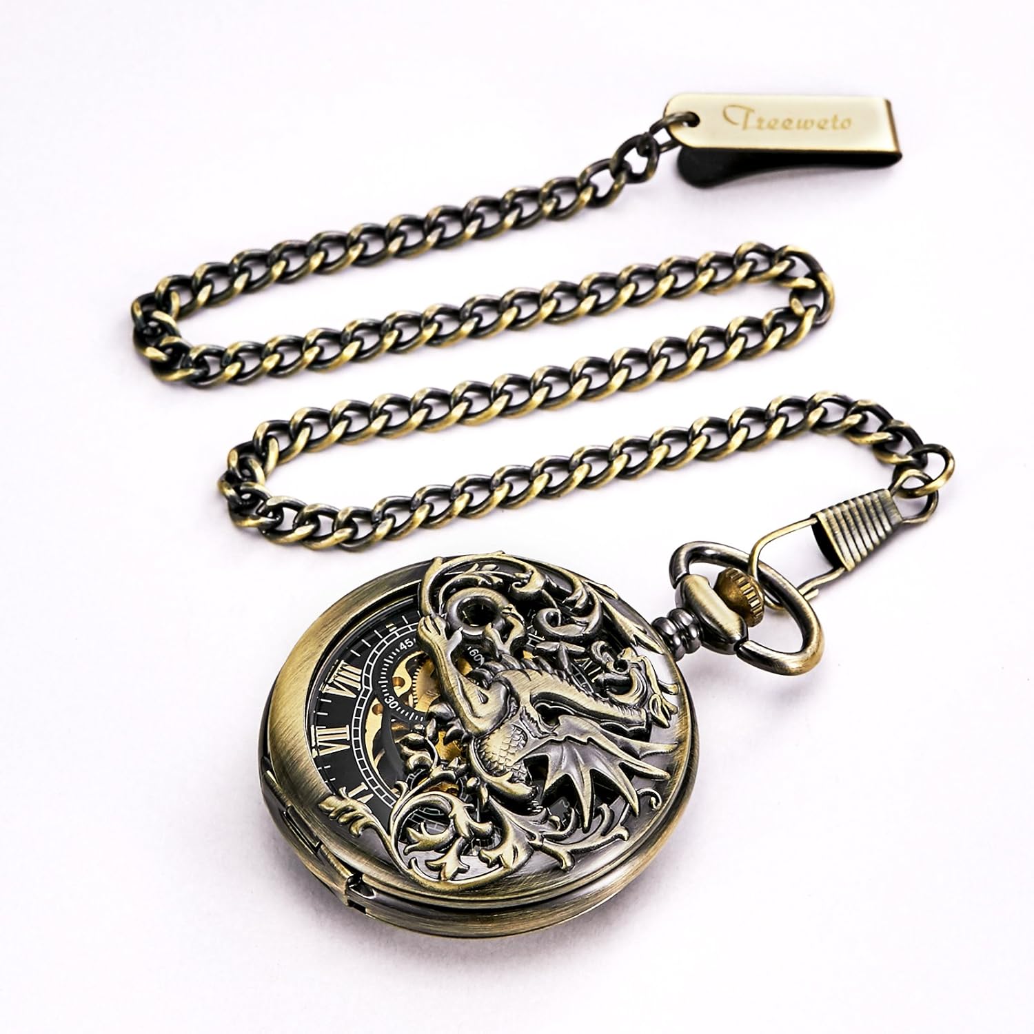 TREEWETO Mechanical Pocket Watch - Dream Dragon Skeleton Half Hunter Double Open Silver Case