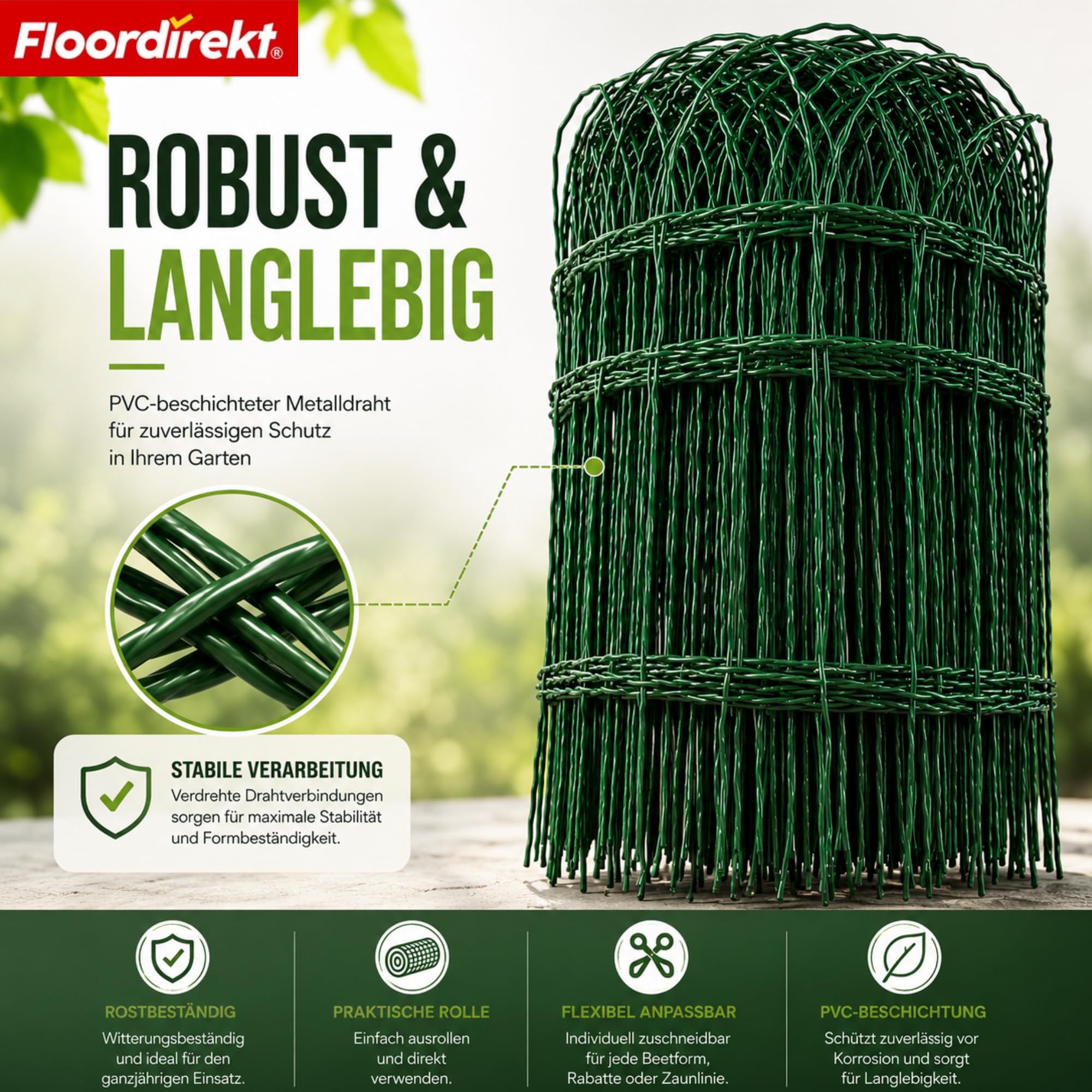 Floordirekt Beetzaun Metall, 65 cm x 10 m, Ziergeflecht, dekorative Beeteinfassung, Beetumrandung, Gartenzaun, Zaun zum Stecken, Drahtzaun, Zierzaun, kleiner Zaun für Garten