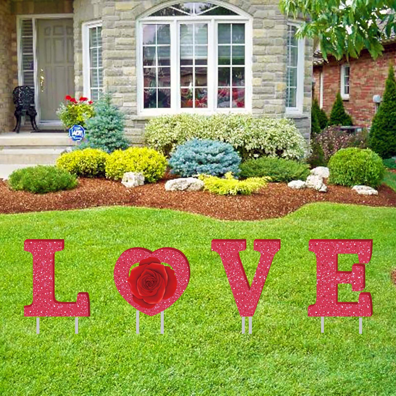 Valentines Day Outdoor Decorations(4 PCS), Birthday Romatic LOVE Yard Signs with Stakes, Lawn Letter Decor for Valentine Day Wedding Anniversary Party Made of Waterproof Corrugated Plastic (LOVE)
