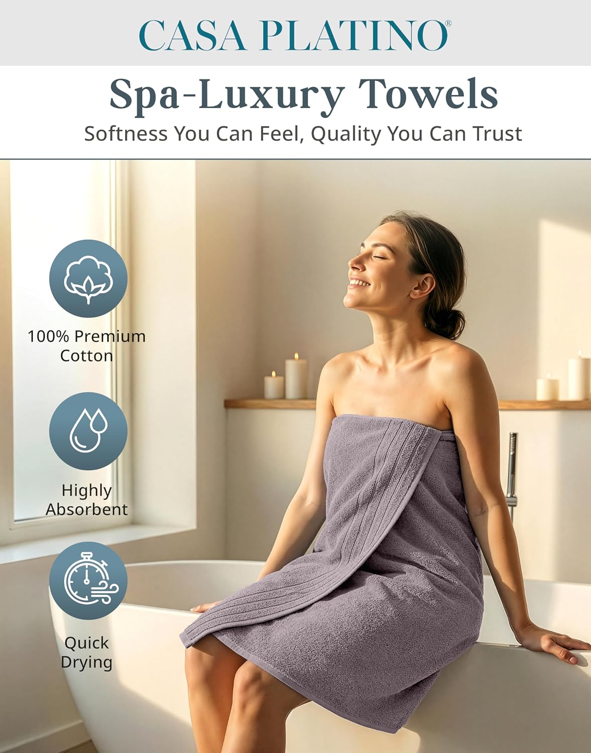 CASA PLATINO 100% Cotton Bath Towel Set 8 Pcs - Soft, Absorbent & Pre Shrunk - 2 Bath, 4 Washcloths, 2 Hand Towels for Bathroom - Machine Washable, OEKO TEX Certified & Sustainably Produced - Platinum