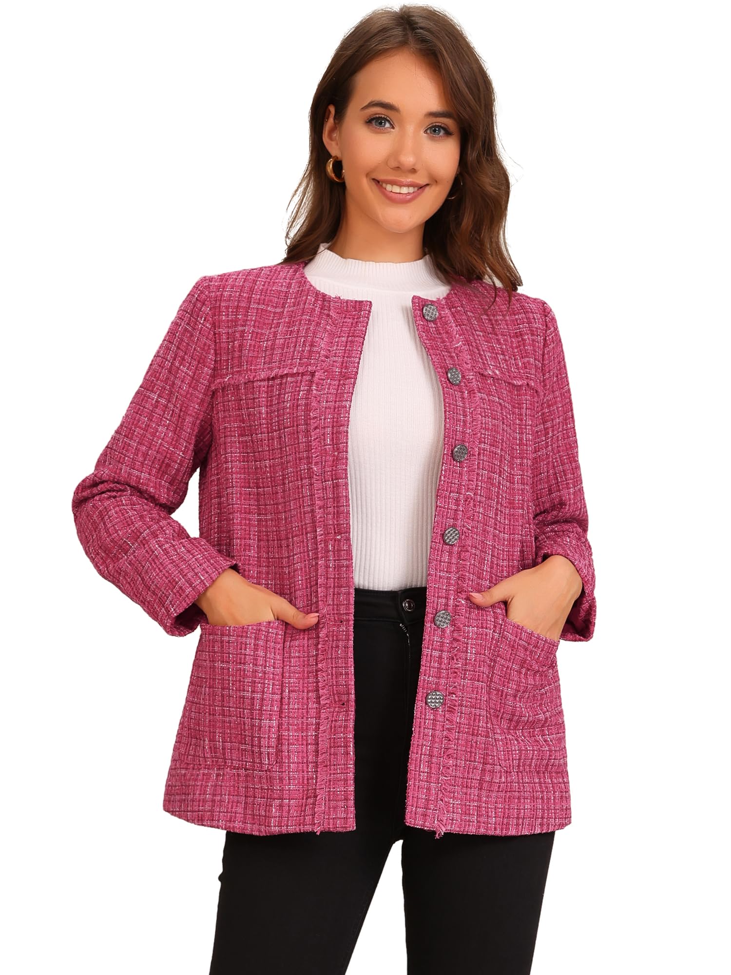 Allegra K Tweed Jacket for Womens Single Breasted Collarless Fringed Casual Business Blazer