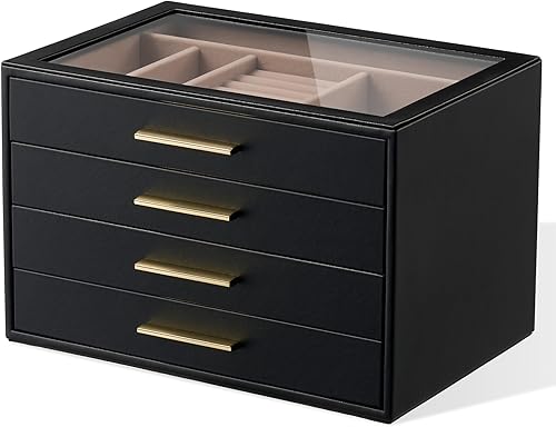 Miniatura 20 de Caja Organizadora de Joyas para Mujeres: Estuche de Almacenamiento de Joyas de 3 Capas con Ventana de Cristal, Cuero Verde Oliva con Terciopelo