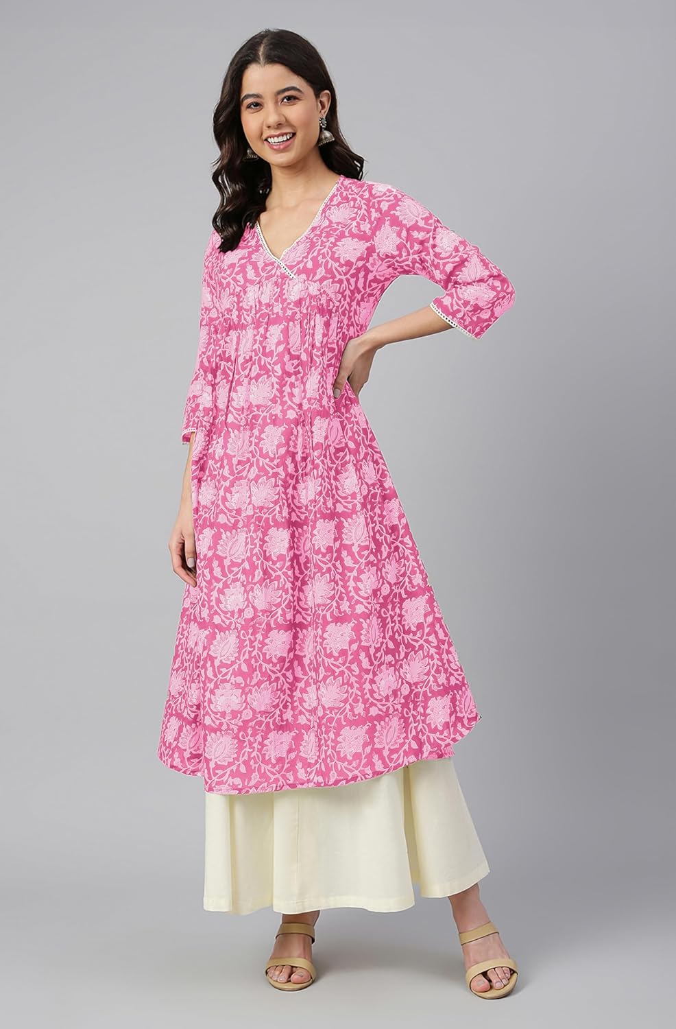 Janasya Indian Women's Cotton Pink Floral Print Casual Wear Kurta for Women - Image 2