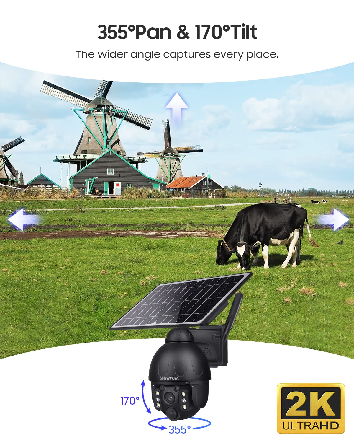 SHIWOJIA 4G LTE Telecamera Senza Fili con Pannello Solare, 2K 3MP Telecamera con SIM, Scocca in Metallo, PIR Sensore di Movimento, 355°Pan &120°Tilt, Audio a 2 Vie(non per LAN o Wi-Fi)
